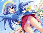  blue_hair kannagi_rei kujou_ria long_hair panties seifuku skirt twinkle_crusaders underwear upskirt wink 