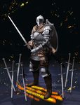  armor chainmail chosen_undead dark_souls embers english full_armor gauntlets helmet highres knight male_focus nukotama pauldrons sheath shield solo souls_(from_software) sword visor_(armor) weapon 