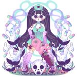  1girl absurdres angryoldthing black_hair blood blood_on_weapon blood_splatter blue_dress boots breasts chainsaw cleavage dress full_body gloves highres holding holding_chainsaw long_hair medium_breasts nurse pill pink_eyes pure_trance purple_boots purple_gloves rabbit simple_background skull solo standing suzuki_kaori_(pure_trance) thick_eyelashes trance_(music) weapon white_background 