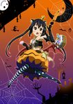  black_hair brown_eyes cosplay elbow_gloves gloves gradient gradient_background halloween highres jack-o'-lantern k-on! long_hair melissa_seraphy melissa_seraphy_(cosplay) nakano_azusa oku_no_shi orange_background pantyhose purple_background solo twintails wings 