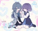  2girls antenna_hair averting_eyes black_boots black_skirt blue_overskirt blue_ribbon blue_skirt blue_vest blush boots coat commentary_request feeding full_body gakuen_idolmaster green_hair green_shirt grey_coat hair_flaps happy_anniversary hataya_misuzu hatsuboshi_gakuen_school_uniform heart highres idolmaster knee_boots kneeling long_hair multiple_girls neck_ribbon pleated_skirt purple_hair ribbon school_uniform shirt shirt_tucked_in short_hair skirt skirt_set smile sweatdrop tsukimura_temari v-shaped_eyebrows very_long_hair vest white_shirt wotoha 