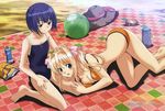  2girls absurdres aqua_eyes ball barefoot beach beachball bikini blanket blonde_hair blue_hair blush bottle breasts butt_crack checkered cleavage feet flat_chest fujimura_shizu grey_eyes hair_ribbon hairband hand_on_another's_head hand_on_head hat hayama_umi highres kneeling kono_aozora_ni_yakusoku_wo lap_pillow long_hair lying megami multiple_girls official_art on_side one-piece_swimsuit open_mouth outdoors ozeki_miyabi potato_chips ribbon scan short_hair smile straw_hat swimsuit twintails water_bottle yuri 