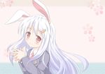  animal_ears blush bunny_ears carrot carrot_hair_ornament food_themed_hair_ornament hair_ornament long_hair long_sleeves looking_at_viewer necktie purple_hair red_eyes red_neckwear reisen_udongein_inaba shino_megumi smile solo touhou very_long_hair 