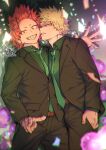  2boys bakugou_katsuki blonde_hair boku_no_hero_academia green_shirt hair_up hand_in_pocket highres kirishima_eijiro long_sleeves male_focus multiple_boys pants red_eyes red_hair sharp_teeth shirt smile spiked_hair suit teeth tsukota v 