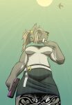 absurd_res anthro bedroom_eyes belly belt big_breasts bottomwear breasts clothing ear_piercing facial_piercing fangs felid female gun hair handgun hi_res hybrid looking_at_viewer looking_down mammal narrowed_eyes nose_piercing piercing pistol ponytail pouch_(anatomy) prehistoric_species ranged_weapon saber-toothed_tiger sabertooth_(anatomy) seductive skirt smile solo teeth thick_thighs trichternet trigger_discipline under_boob weapon