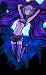  1girl absurdres blue_eyes breasts commentary_request full_body full_moon grey_hair highres hip_bones looking_at_viewer moon nanakusa_nazuna_(yofukashi_no_uta) navel nazo_no_diaboro night ribs short_hair short_shorts shorts skinny sky small_breasts solo thighhighs yofukashi_no_uta 