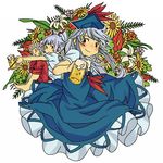  alcohol anthurium barefoot beer blue_hair blush bow dress floral_background flower fujiwara_no_mokou hair_bow hat highres kamishirasawa_keine kiseru lily_(flower) long_hair multiple_girls outline pants pipe red_eyes red_flower red_rose ribbon rose silver_hair smile sunflower touhou uewtsol 