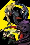 bat_symbol batman_(series) belt black_hair bodysuit boots brother brothers cape damian_wayne dc_comics dick_grayson domino_mask escrima_stick family gloves green_shoes gun hood jacket jason_todd legacy male male_focus mask multicolored_hair multiple_boys nightwing pole red_hood red_hood_(dc) red_robin robin_(dc) shoes siblings staff tim_drake two-tone_hair weapon 