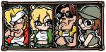  2boys 2girls bandana baseball_cap belt bkub black_eyes blonde_hair blue_eyes blush_stickers brown_hair character_select chibi chibi_only closed_mouth crop_top fio_germi frown gloves green_bandana green_hat green_pants green_shorts green_vest grey_gloves hair_between_eyes hat headband highres kasamoto_eri long_hair looking_at_viewer marco_rossi metal_slug multiple_boys multiple_girls navel outline pants ponytail red_vest shirt short_hair short_shorts shorts sideburns smile sunglasses tank_top tarma_roving vest white_headband white_outline white_shirt white_tank_top yellow_vest 