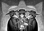 5_fingers alchemist alchemy avian bird black_death_mask canid canine canis clothed clothing detailed detailed_background fantasy fingers fully_clothed group hat headgear headwear holding_object humanoid_hands mammal monochrome nikraccoom shirt surrealism topwear trio tunic visual_metaphor wolf