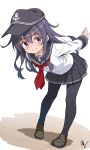  1girl absurdres akatsuki_(kancolle) anchor_symbol black_hair black_hat black_pantyhose black_sailor_collar black_skirt breasts commentary_request flat_cap hair_between_eyes hat highres kantai_collection leaning_forward loafers long_hair long_sleeves looking_at_viewer miniskirt neckerchief pantyhose pleated_skirt purple_eyes red_neckerchief sailor_collar school_uniform serafuku shoes skirt small_breasts smile solo takuma_(takumo7121) 