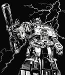  arm_cannon autobot black_background cable clenched_hand english_commentary greyscale highres how_do_you_feel_about_going_on_the_offensive?_(transformers) lightning looking_down mecha monochrome no_humans open_hand optimus_prime protected_link reece_b_scott robot science_fiction solo transformers transformers_(skybound) weapon 