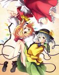  :d bad_id bad_pixiv_id bare_legs blonde_hair blush boots bow cravat dress fangs flandre_scarlet green_eyes hands_together hat hat_ribbon heart highres komeiji_koishi long_hair long_sleeves looking_at_viewer mob_cap multiple_girls nemunemu_(bluelight5) no_panties open_mouth puffy_short_sleeves puffy_sleeves red_eyes ribbon rotational_symmetry short_hair short_sleeves silver_hair skirt smile string teeth third_eye touhou upside-down wide_sleeves wings yellow_bow 