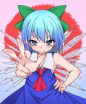  @_@ bare_shoulders blue_eyes blue_hair bow cirno dress hair_bow hand_on_hip highres ice ice_wings kogart looking_at_viewer ribbon short_hair sleeveless smile solo touhou wings 