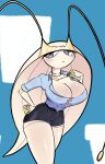 antennae_(anatomy) anthro belt big_breasts black_bottomwear black_clothing black_skirt blue_background blue_clothing blue_pupils blue_topwear blush bottomwear breasts choker cleavage clothed clothing eyelashes female front_view generation_7_pokemon hand_on_hip hi_res huge_breasts jewelry katoneko necklace nintendo pheromosa pokemon pokemon_(species) pupils purple_eyes simple_background skirt slit_pupils solo thick_thighs topwear ultra_beast white_background white_body wide_hips