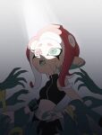  1girl 6+others agent_8_(splatoon) crop_top eyelashes grabbing_another&#039;s_arm gradient_background grey_background heterochromia highres long_hair looking_up multiple_others navel octoling oka_kabe open_mouth red_hair short_eyebrows splatoon_(series) splatoon_2 splatoon_2:_octo_expansion standing sweat tentacle_hair thick_eyebrows 
