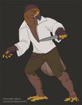  avian bandanna beak brown_background brown_eagle brown_feathers brown_theme clothed clothing dagger feathers holding knife looking_at_viewer male orange_eyes pants pirate plain_background raised_arm reshka shirt solo standing talons thief weapon 
