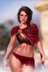  1girl assassin&#039;s_creed assassin&#039;s_creed:_odyssey assassin&#039;s_creed_(series) braid breasts brown_eyes brown_hair kassandra long_hair looking_at_viewer medium_breasts navel olga_narhova patreon polearm scar sky smile solo spear standing torn_clothes watermark weapon 