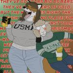 1:1 alcohol anthro arm_around_neck beer beverage blush bottomwear bovid breasts canid canine caprine clothing container cup denim denim_bottomwear denim_clothing duo eyes_closed fangs female fox glass glass_container glass_cup gradient_background hi_res holding_glass holding_object holidays jeans komododad male mammal nfl pants peggy_patterson philadelphia_eagles sharp_teeth sheep shirt simple_background singing smile sweater teeth text text_background text_on_clothing text_on_shirt text_on_topwear topwear