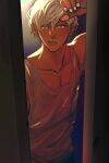  1boy :/ against_door alternate_costume alternate_hairstyle arm_up backlighting blue_eyes blush bright_pupils collarbone cowboy_shot dark-skinned_male dark_skin doorway english_commentary furrowed_brow hair_between_eyes highres light-skinned_palms looking_at_viewer male_focus mammon_(obey_me!) obey_me!:_one_master_to_rule_them_all! open_door pectoral_cleavage pectorals pov_doorway saphirdevil short_hair sweat tank_top thick_lips wavy_hair white_hair white_nails white_pupils white_tank_top 
