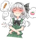  1girl absurdres blush bow bowtie closed_eyes commentary dango embarrassed food grey_hair hair_ribbon hands_on_own_stomach highres hungry konpaku_youmu konpaku_youmu_(ghost) mitarashi_dango mochi puffy_short_sleeves puffy_sleeves ribbon sakura_mochi short_hair short_sleeves skirt speech_bubble stomach_growling sweatdrop thought_bubble touhou wagashi youyume-kun 