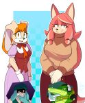 absurd_res anthro artbyyellowdog big_breasts big_ears breasts canid canine canis clothed clothing conductor&#039;s_wife_(sonic) conductor_(sonic) crocodile crocodilian domestic_dog dress duo eyelashes female fully_clothed fur gloves group hair handwear hi_res lagomorph leporid long_ears looking_at_viewer male mammal mature_female orange_hair pink_body pink_fur rabbit reptile scalie sega smile sonic_the_hedgehog_(series) the_murder_of_sonic_the_hedgehog vanilla_the_rabbit vector_the_crocodile yellow_eyes