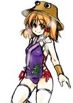  adapted_costume blonde_hair borrowed_design hair_ribbon hat mabuchoco_m moriya_suwako ribbon short_hair smile solo thighhighs touhou white_legwear wrestling_outfit yellow_eyes 