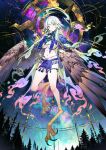  1girl ahoge animal_feet blunt_bangs blush breast_curtains breasts brown_wings bukurote capelet claws closed_mouth expressionless fate/grand_order fate_(series) feather_capelet feather_hair feathered_wings floating_hair full_body game_cg gradient_hair green_eyes green_hair hands_up harpy huge_ahoge jewelry large_breasts leg_up linea_alba loincloth long_hair long_sidelocks looking_at_viewer louhi_(fate) louhi_(third_ascension)_(fate) midair monster_girl multicolored_hair navel official_art pelvic_curtain purple_capelet purple_loincloth revealing_clothes sidelocks solo stomach tassel thighlet third-party_source underboob very_long_hair winged_arms wings 