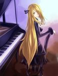  arm_rest blonde_hair breasts chair covered_nipples feather_boa fur_trim hair_ornament hair_over_one_eye highres instrument large_breasts long_hair looking_back piano pokemon pokemon_(game) pokemon_dppt shirona_(pokemon) silver_eyes sitting smile solo sukumo_(kemutai) very_long_hair 
