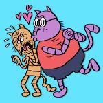 2025 absurd_res anthro big_jim_(dog_man) black_nose clothed clothing dog_man_(series) domestic_cat duo eyes_closed eyewear felid feline felis glasses grampa_(dog_man) heart_symbol hi_res kissing mammal open_mouth purple_body ravenlynclemens simple_background tongue tongue_out