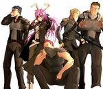  3boys animal_ears armor assault_rifle bad_id bad_pixiv_id black_hair blonde_hair blue_eyes blush bottle breasts brown_hair bunny_ears coat crossover fallout fallout_new_vegas gloves gun highres long_hair medium_breasts multiple_boys multiple_girls ncr pants purple_hair red_eyes red_hair reisen_udongein_inaba rifle shirt short_hair smile soda soldier touhou very_long_hair weapon 