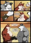 2018 abs anthro arena big_muscles bottomwear bruised_eye canid canine canis clothing comic digital_media_(artwork) duo eyes_closed fox fur gesture gladiator grey_body grey_fur handshake hi_res huge_muscles kraso_(xxsparcoxx) male mammal melee_weapon multicolored_body multicolored_fur muscular muscular_anthro muscular_male open_mouth pecs red_body red_fox red_fur smile spanish_text speech_bubble sword teeth teofacio_larna text true_fox two_tone_body two_tone_fur warrior weapon whiskers white_body white_fur wolf wooden_sword wounded xxsparcoxx