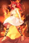  1girl barefoot dress fire flame highres magi_the_labyrinth_of_magic morgiana red_eyes red_hair side_ponytail solo white_dress 