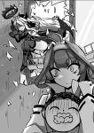  1boy 2girls ahoge batta_no_tsukudani blue_archive coat coat_on_shoulders crossover demon_girl demon_horns demon_wings detached_sleeves doodle_sensei_(blue_archive) greyscale hairband halo headgear highres hina_(blue_archive) horns japanese_clothes kantai_collection kongou_(kancolle) kongou_kai_ni_(kancolle) long_hair low_wings monochrome multiple_girls multiple_horns nontraditional_miko popped_collar sensei_(blue_archive) strangling very_long_hair wide_sleeves wings 