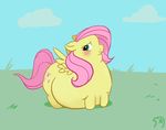 blush chubby cloud cute cutie_mark equine featherhead female feral fluttershy_(mlp) friendship_is_magic fur green_eyes hair horse mammal my_little_pony outside overweight pegasus pink_hair pony solo squee wings yellow_fur 