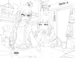  :d cake door food fujiwara_no_mokou gourd houraisan_kaguya inaba_tewi indoors leaning_forward lineart long_hair long_sleeves magister_(medical_whiskey) map mini-hakkero monochrome multiple_girls open_mouth scroll shanghai_doll smile spoon spoon_in_mouth table touhou very_long_hair 