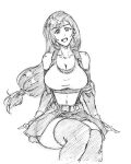  1girl :d bare_shoulders belt breasts cleavage collarbone cowboy_shot crop_top elbow_gloves elbow_pads final_fantasy final_fantasy_vii final_fantasy_vii_remake fingerless_gloves gloves hair_behind_ear head_tilt kubo_tite_(style) large_breasts long_hair looking_at_viewer low-tied_long_hair low_ponytail midriff miniskirt monochrome navel pleated_skirt ponytail rakusakugk shirt single_elbow_pad single_sidelock sitting sketch skirt sleeveless sleeveless_shirt smile solo sports_bra suspender_skirt suspenders tank_top teeth thighs tifa_lockhart undershirt upper_teeth_only zettai_ryouiki 