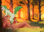 anthro antlers axxelroze bodily_fluids brown_body brown_fur cum deer drooling duo eeveelution erection eyes_closed feral fur generation_4_pokemon genital_fluids genitals green_body green_fur hair hi_res horn humping kaicholeaf knot knotted_penis leaf leaf_tail leafeon leaking_precum looking_pleasured lying male male/male mammal mett_(character) nintendo on_back oral oral_penetration penetration penis pokemon pokemon_(species) precum red_hair saliva spade_tattoo stripes tail thrusting white_body white_fur white_striped_fur white_stripes