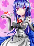  adapted_costume blue_hair bow cake dress elbow_gloves food fruit gloves headband highres hinanawi_tenshi hybrid_(1212apro) long_hair peach plate red_eyes sleeveless solo touhou 