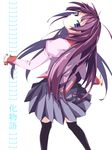  bad_id bad_pixiv_id bakemonogatari blue_eyes head_tilt highres long_hair looking_back monogatari_(series) neo1031 purple_hair school_uniform senjougahara_hitagi shaft_look simple_background solo stapler thighhighs white_background 