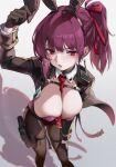  1girl absurdres adjusting_clothes adjusting_headwear animal_ear_hairband animal_ears between_breasts black_gloves black_hairband black_jacket braid breasts fake_animal_ears girls&#039;_frontline gloves gun hair_ribbon hairband hand_on_own_leg highres holster jacket large_breasts leotard long_hair long_sleeves looking_at_viewer necktie necktie_between_breasts open_mouth pantyhose pink_hair pink_leotard ponytail rabbit_ear_hairband rabbit_ears red_eyes red_necktie red_ribbon revolver ribbon shirt solo thigh_holster thighs torn_clothes torn_pantyhose wa2000_(girls&#039;_frontline) weapon white_background white_shirt zomzomzomsauce 