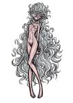  1girl absurdres breasts commentary_request completely_nude elf expressionless female_pubic_hair full_body glasses highres long_hair looking_at_viewer navel nazo_no_diaboro nude original pointy_ears pubic_hair ribs round_eyewear sketch skinny small_breasts solo very_long_hair white_hair 