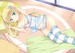  blonde_hair blue_eyes blush collarbone dekochin_hammer hair_ribbon highres long_hair looking_at_viewer lying on_side original pillow ribbon solo striped striped_legwear thighhighs twintails 