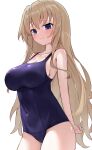  1girl 9-nine- absurdres alternate_costume arm_behind_back armpit_crease backboob bare_shoulders blue_eyes blue_one-piece_swimsuit blush breasts brown_hair cleavage closed_mouth collarbone covered_navel cowboy_shot hair_between_eyes highres impossible_clothes kujou_miyako large_breasts long_hair looking_at_viewer one-piece_swimsuit raised_eyebrows sidelocks simple_background smile solo split_mouth swimsuit takoyaki032002 very_long_hair wet white_background 