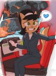 2025 anthro black_hair blue_heart clothing cracked_glass cracked_windshield dbaru domestic_cat explosion felid feline felis female fur gloves green_eyes hair handwear heart_symbol katty_katswell mammal nickelodeon smoke solo sweater t.u.f.f._puppy tan_body tan_fur topwear turtleneck vehicle windshield