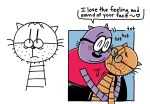 2025 anthro big_jim_(dog_man) biped blush clothing dialogue dog_man_(series) domestic_cat duo english_text eyewear felid feline felis glasses grampa_(dog_man) hi_res hug mammal overweight purple_body shirt slightly_chubby teddyclowns text topwear