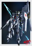  beam_rifle border char&#039;s_counterattack commentary_request earth_federation_space_forces energy_gun fin_funnels full_body green_eyes gun gundam highres holding holding_gun holding_weapon mecha mecha_focus mobile_suit no_humans nu_gundam robot science_fiction shield solo taiga_hiroyuki v-fin weapon white_border 