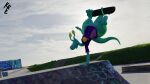 16:9 2_tails 3_toes 3d_(artwork) 4_fingers alien alien_humanoid ambiguous_gender animal_humanoid anthro biped bottomless clothed clothing digital_media_(artwork) eyebrows eyestalks featureless_crotch feet fingers floating_eyebrows gastropod gastropod_humanoid graffiti graffiti_on_wall green_eyes green_markings handplant happy hi_res hoodie hoodie_only humanoid kuiperkyper kyper_veldyn_(kuiperkyper) logo looking_back markings mollusk mollusk_humanoid multi_tail outside raised_eyebrow skate_park skateboard skateboarding smile solo tail tail_grab teal_body teal_eyes thick_thighs toes topwear topwear_only vehicle wide_hips widescreen yellow_sclera