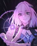  1girl artist_name commentary english_commentary gojou&#039;s_imaginary_technique hair_ornament highres ishmael_(pgr) jujutsu_kaisen name_connection parody pink_hair punishing:_gray_raven purple_eyes purple_light purple_nails scene_reference short_hair t_tac0 upper_body 