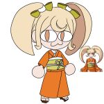  1girl :3 blonde_hair bow closed_mouth danganronpa_(series) danganronpa_2:_goodbye_despair full_body green_bow green_sash hair_bow highres japanese_clothes kikurichi kimono long_hair neco-arc obi official_art_inset orange_kimono saionji_hiyoko sash simple_background smile solo tsukihime twintails white_background 